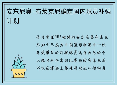安东尼奥-布莱克尼确定国内球员补强计划